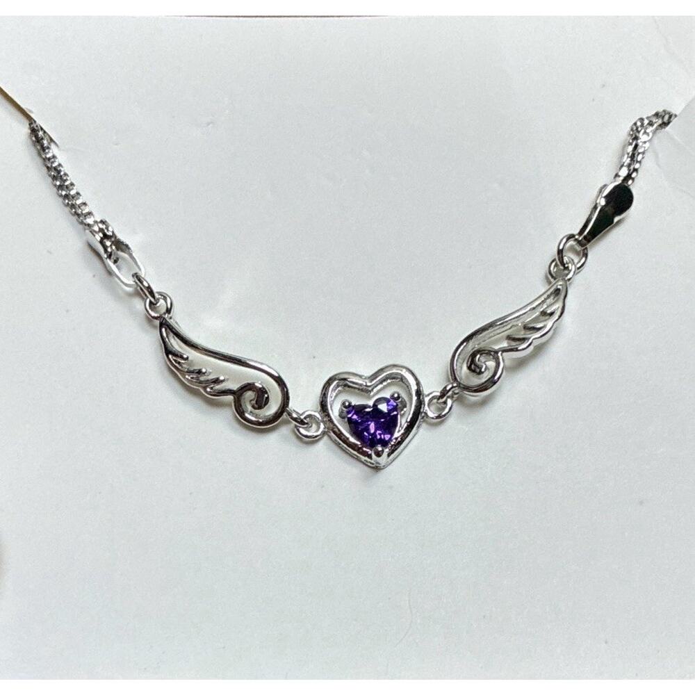 Sterling Silver Dble Box chain Angel wings amethyst clrd heart 8” Bracelet